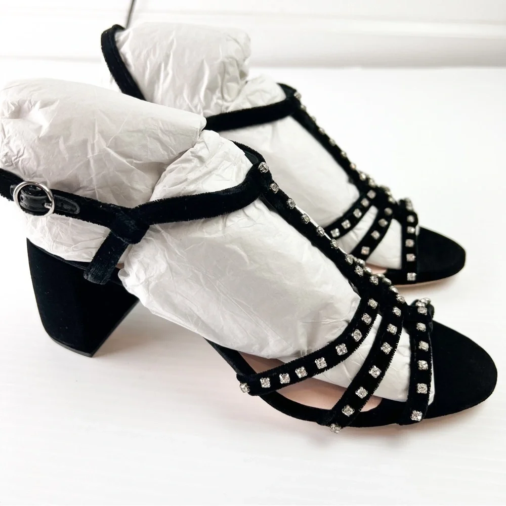 LOEFFLER RANDALL Sandal Womens 7.5  Black Elena Strappy Velvet Block-Heel Shoes
